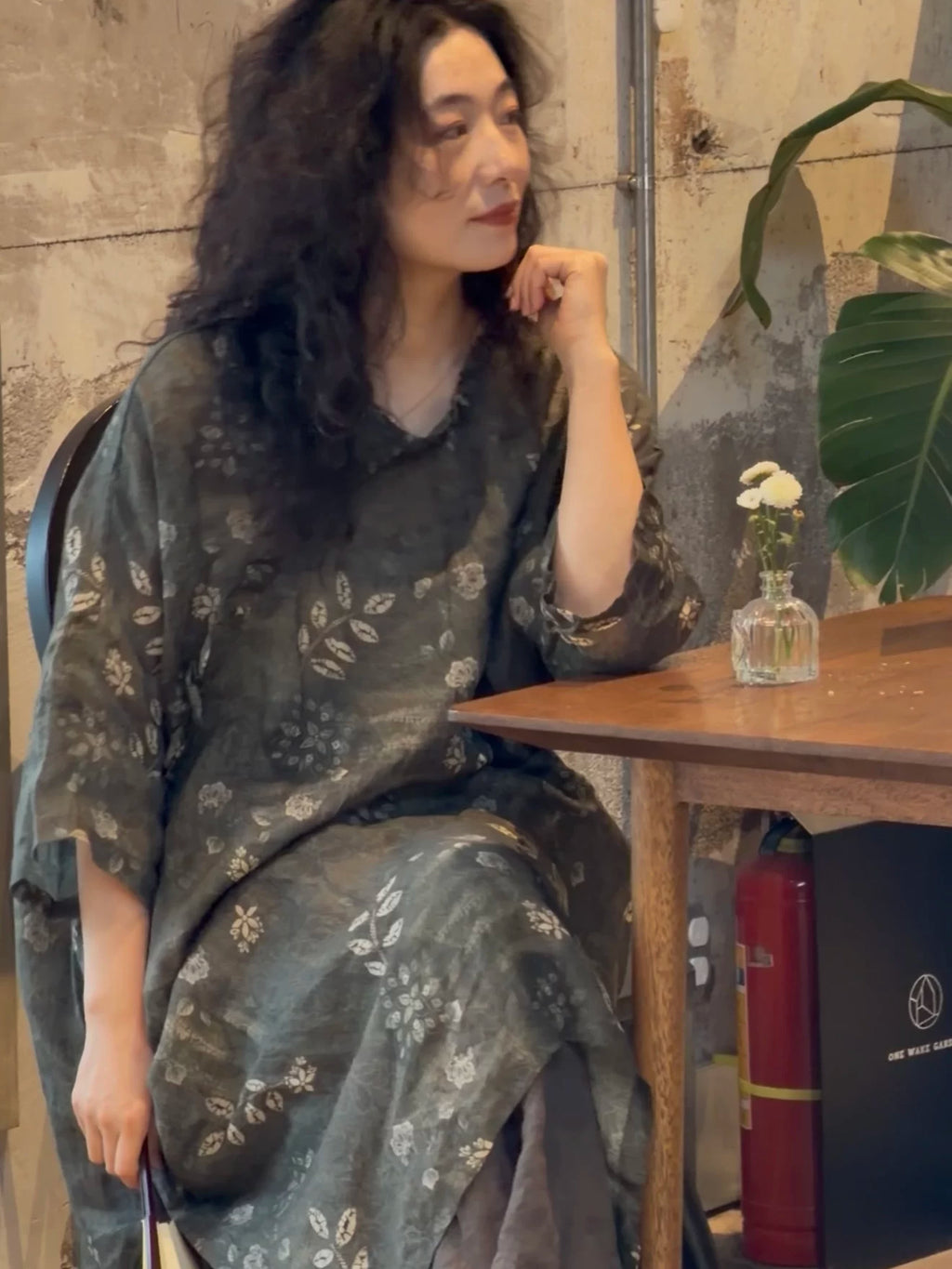 Relaxed Linen Midi Dress with Subtle Print