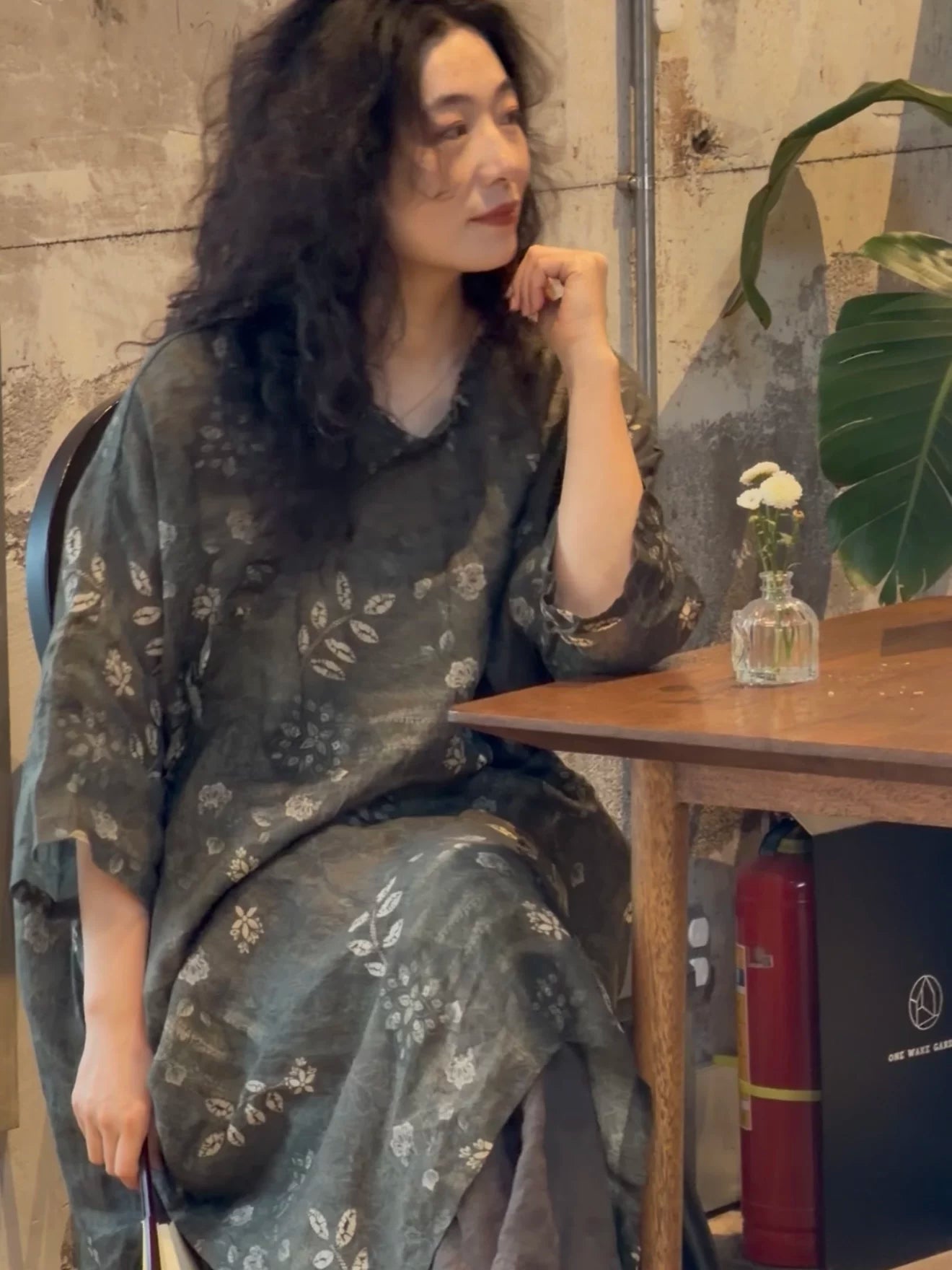 Relaxed Linen Midi Dress with Subtle Print