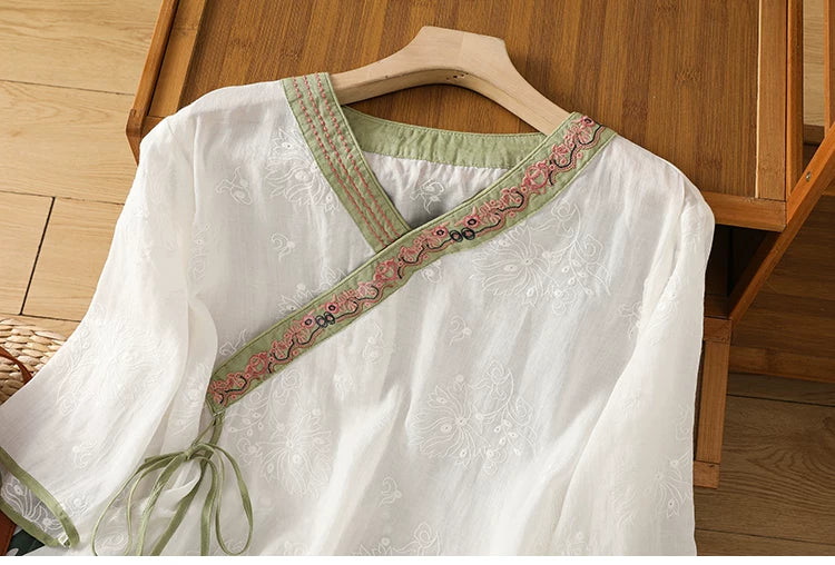 Embroidered Trim Three Quarter Sleeve Shirt