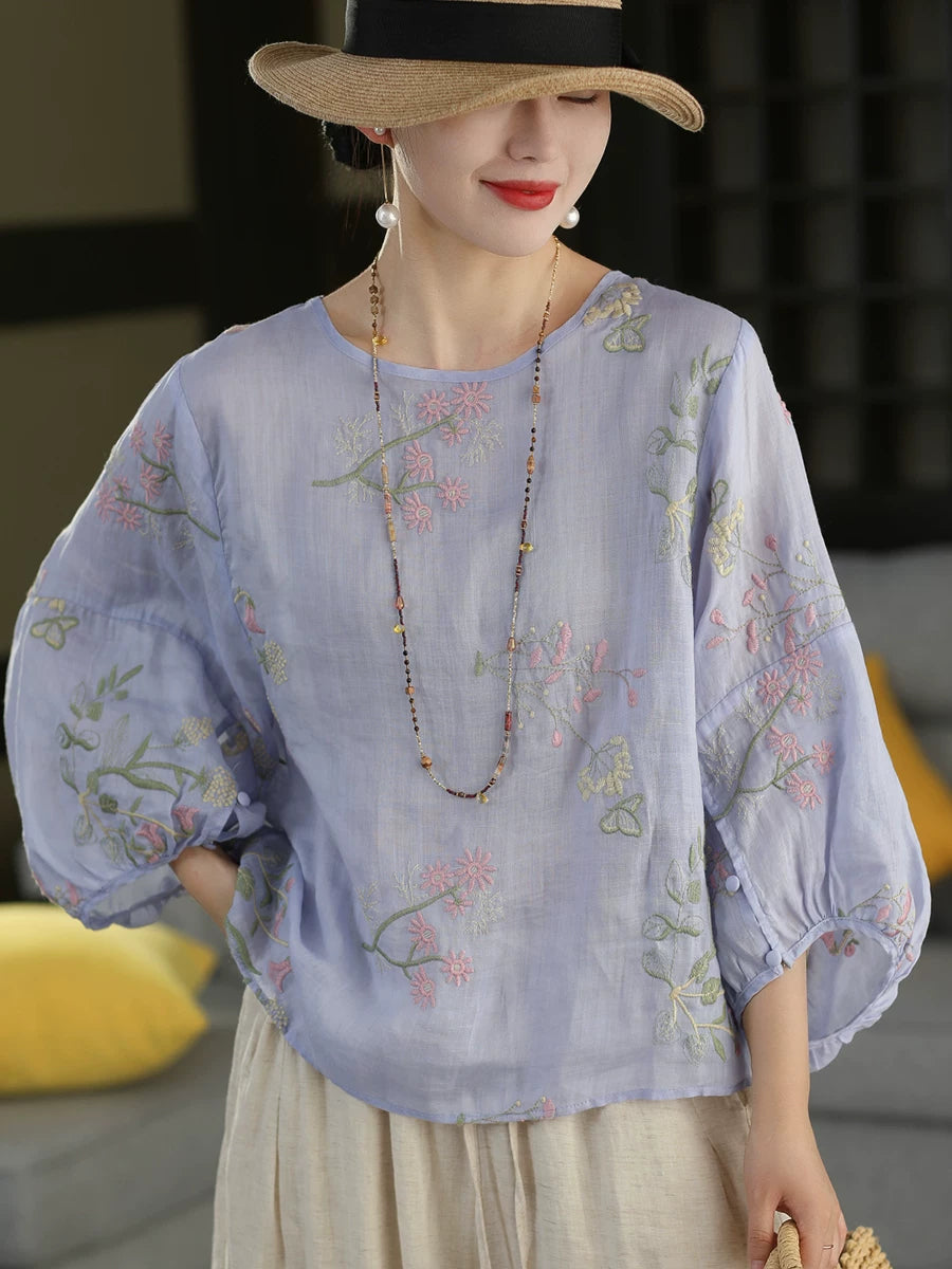 100% Ramie Top with Floral Embroidery & Lantern Sleeves