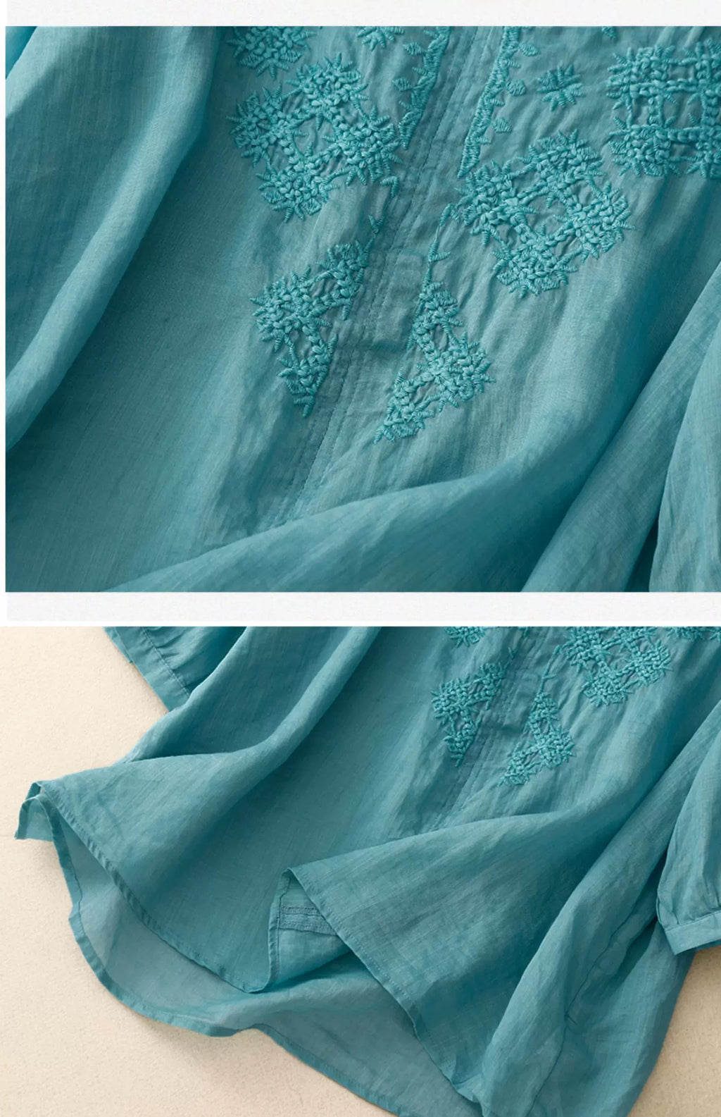 Embroidered Cotton Linen Three Quarter Sleeve Shirt
