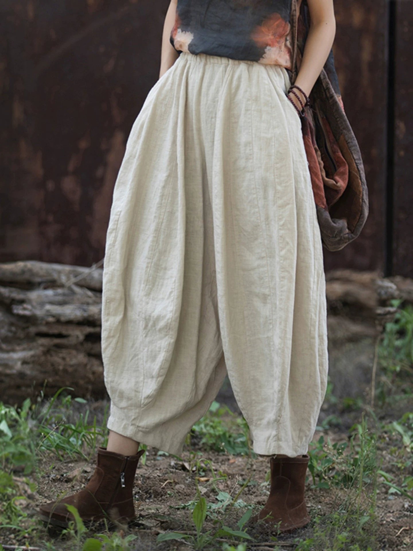 Balloon-Leg Pants in Linen-Look Textured Fabric