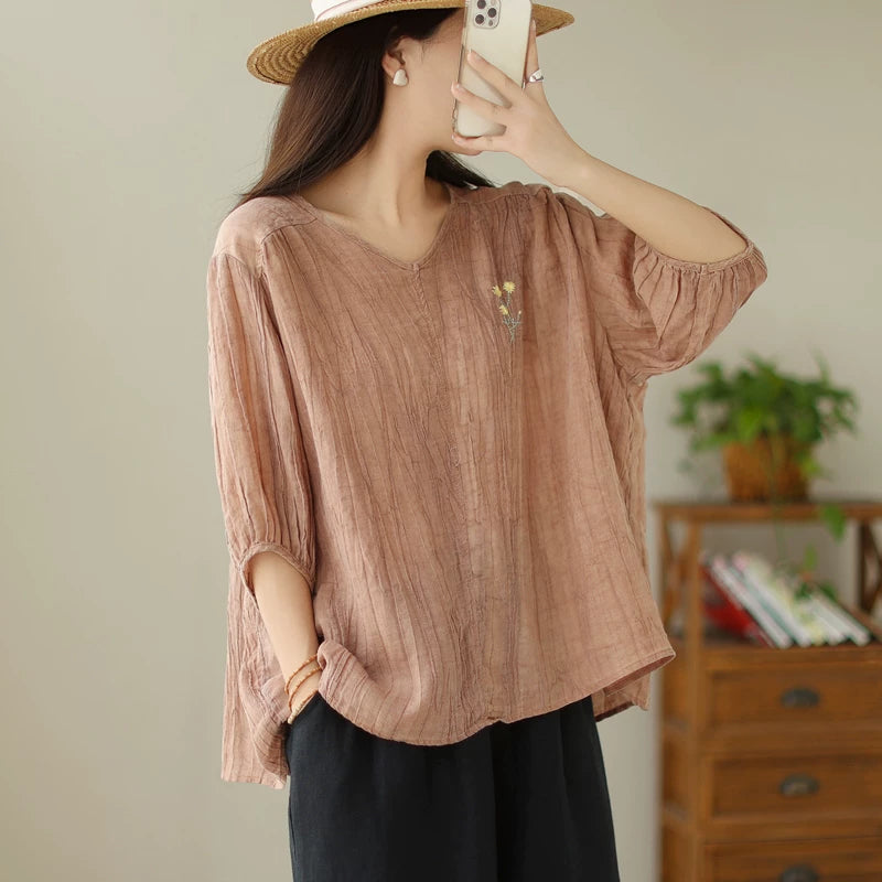 Linen-Look V-Neck Top with Floral Embroidery