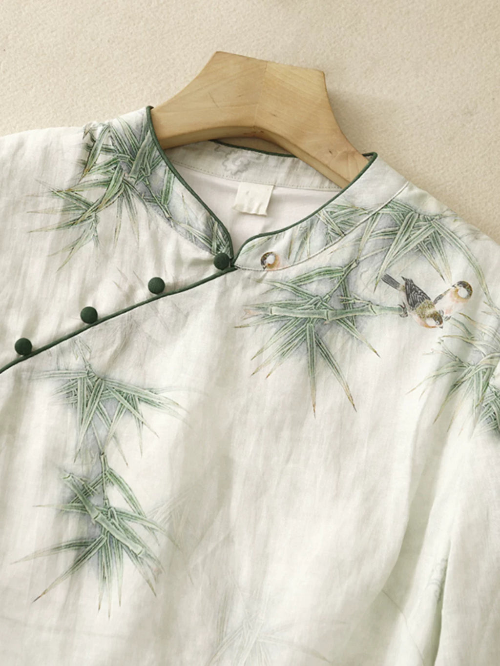 Cotton Linen Half Sleeve Shirt with Bamboo Bird Print