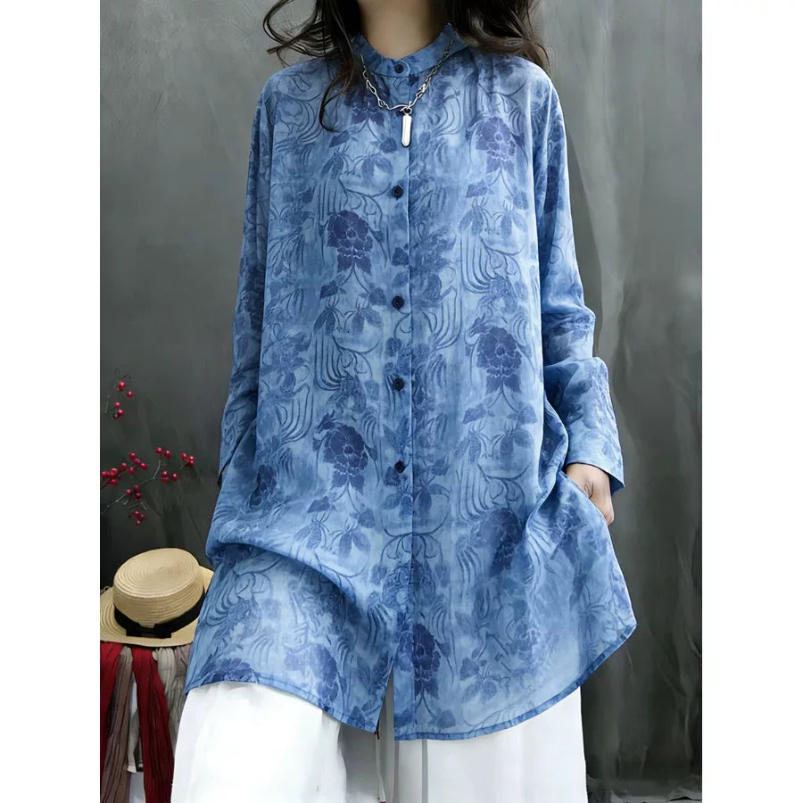 Chiffon Tunic with Blue Floral Print & Side Slits