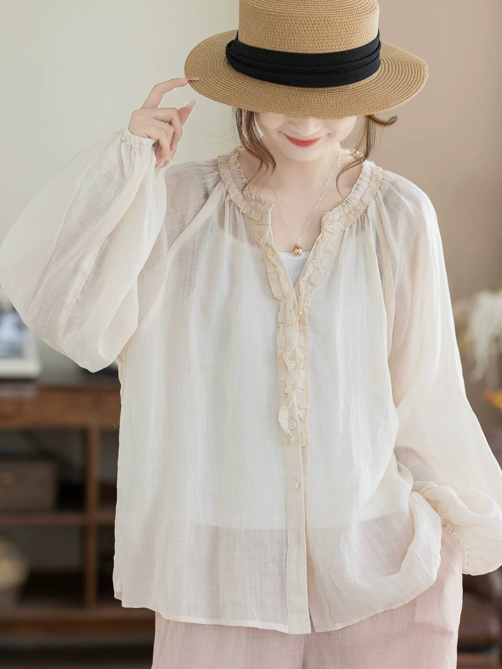 100% Ramie Blouse with Ruffled V-Neck & Elbow Sleeves