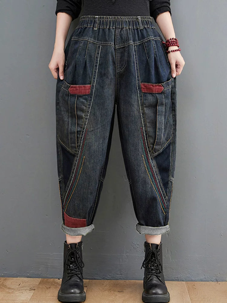 Denim Pants: Relaxed Tapered Barrel-Leg with Elastic Waist