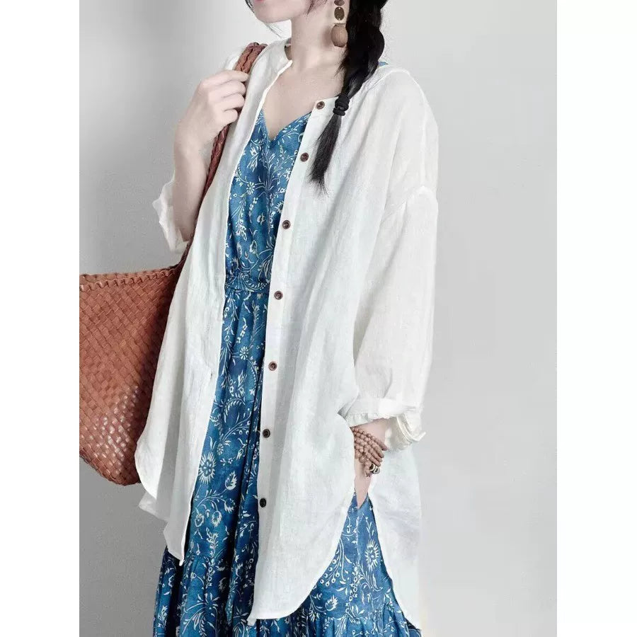 New Chinese Style Zen White Linen Shirt for Women, Early Autumn Edition, Artistic and Elegant Loose-Fit Mid-Length Cotton-Linen Long Sleeve Top