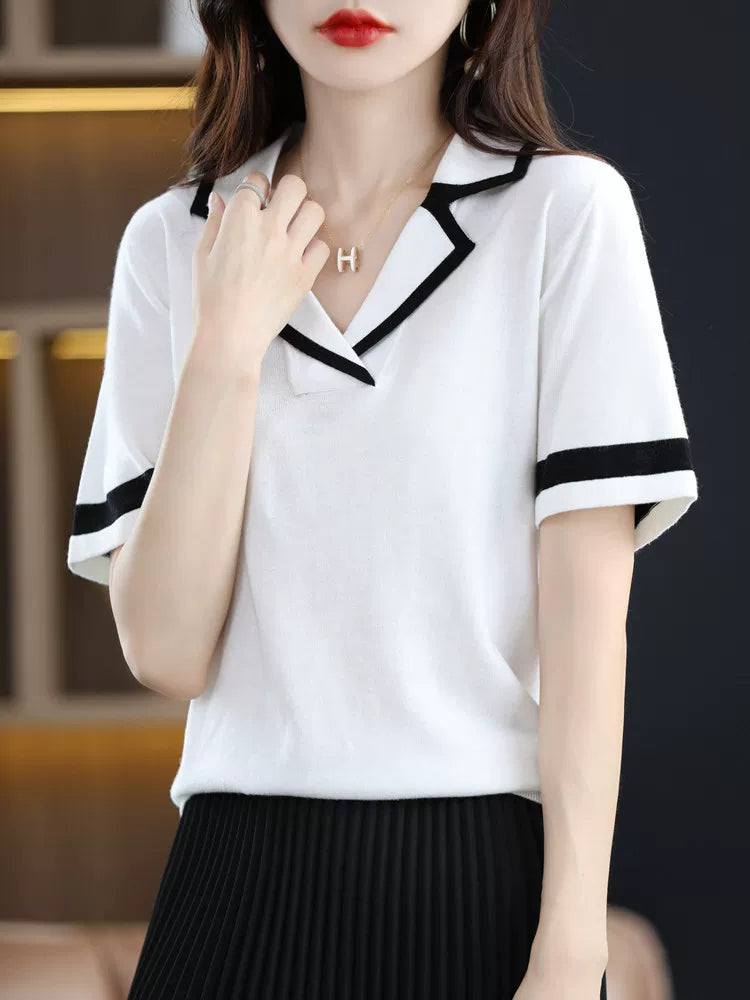 Relaxed V-Neck Knit Top with Contrast Trim