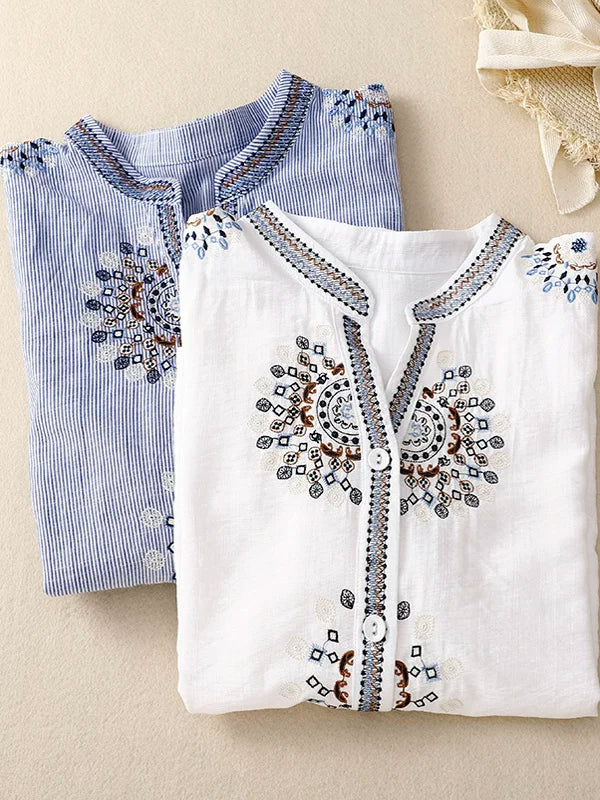 Embroidered Three Quarter Sleeve Shirt, Cotton Linen