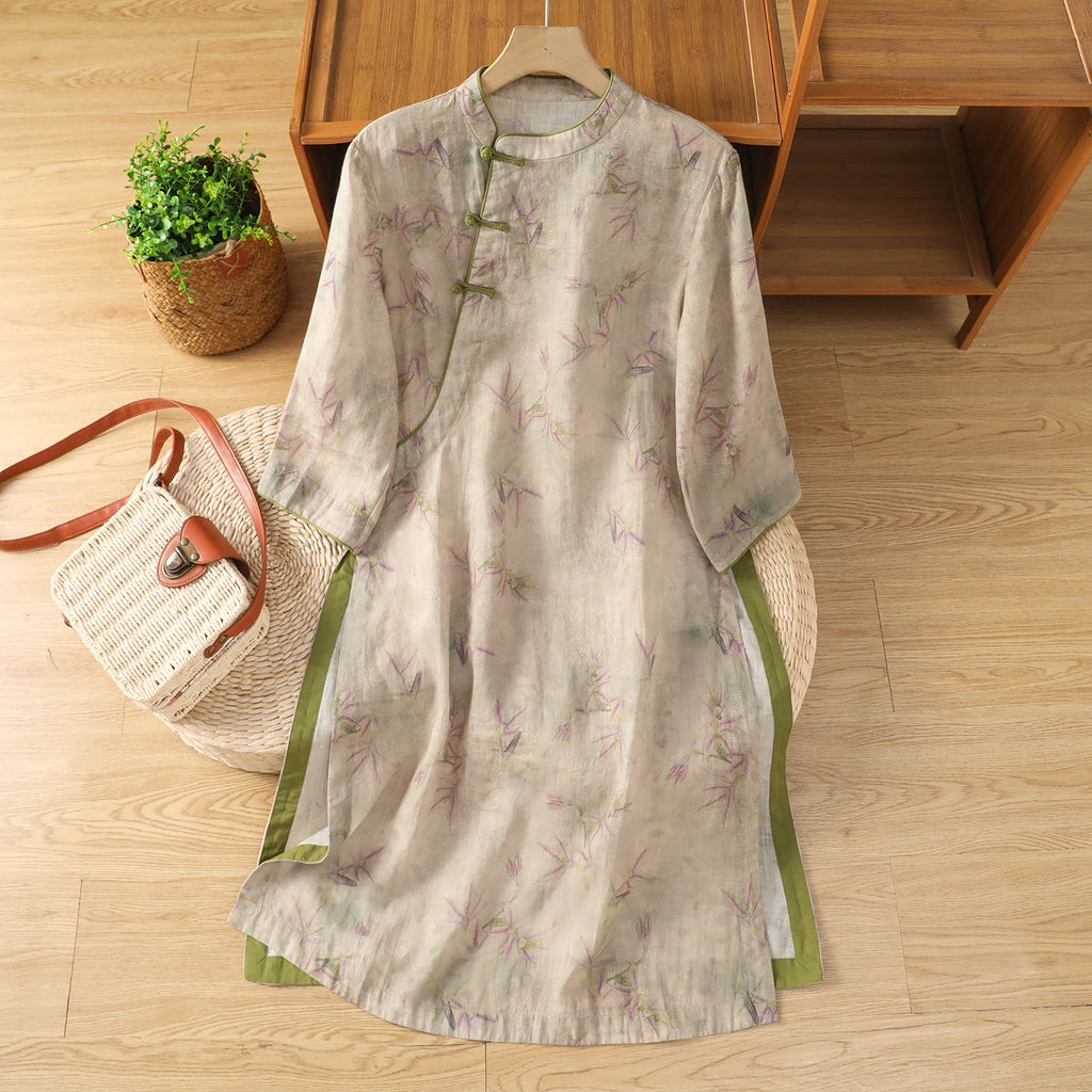 Bamboo Print Cotton Linen Three Quarter Sleeve Shirt