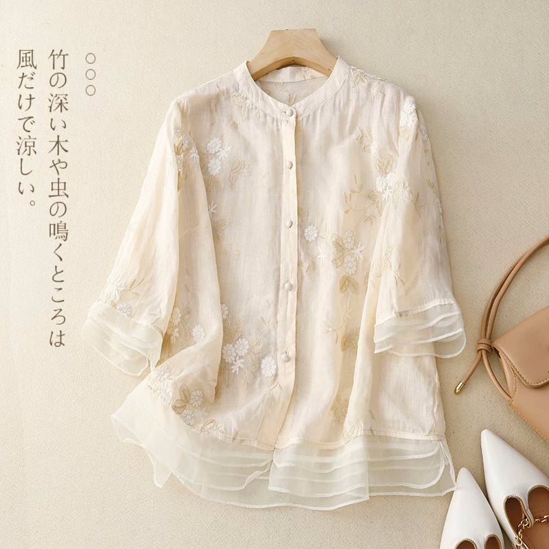Embroidered Three Quarter Sleeve Shirt, Cotton Linen