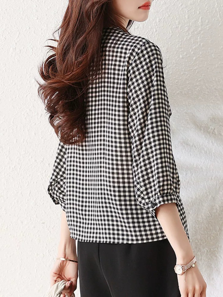 Gingham Wrap Blouse with Self-Tie Knot