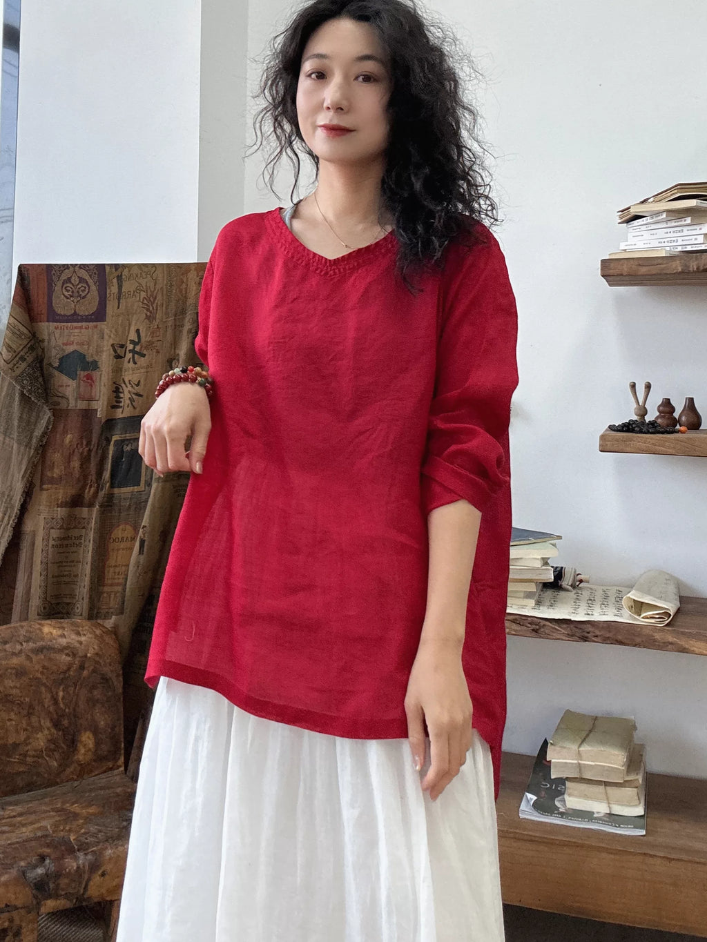 Ramie Relaxed Long-Sleeve Top in Soft Hues