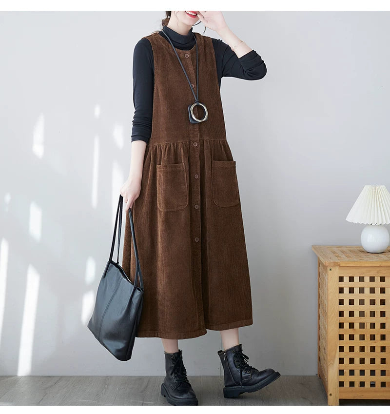 Corduroy Midi Dress with Patch Pockets & Button Front