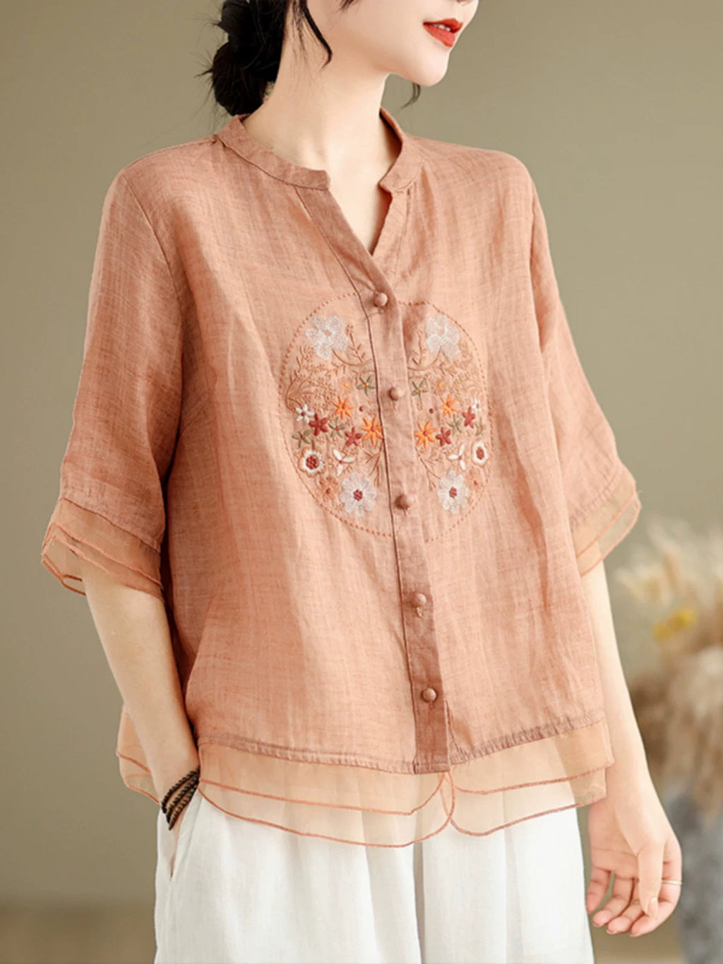 Embroidered Cotton Linen Half Sleeve Shirt with Organza Hem