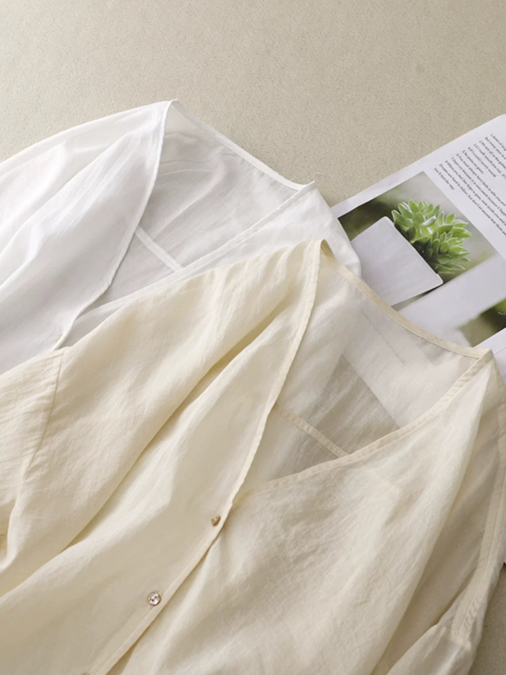 Cotton Linen V-Neck Three Quarter Sleeve Shirt