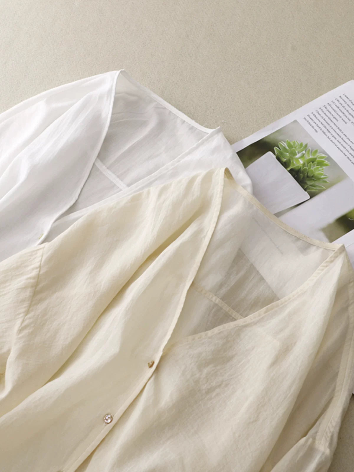 Cotton Linen V-Neck Three Quarter Sleeve Shirt