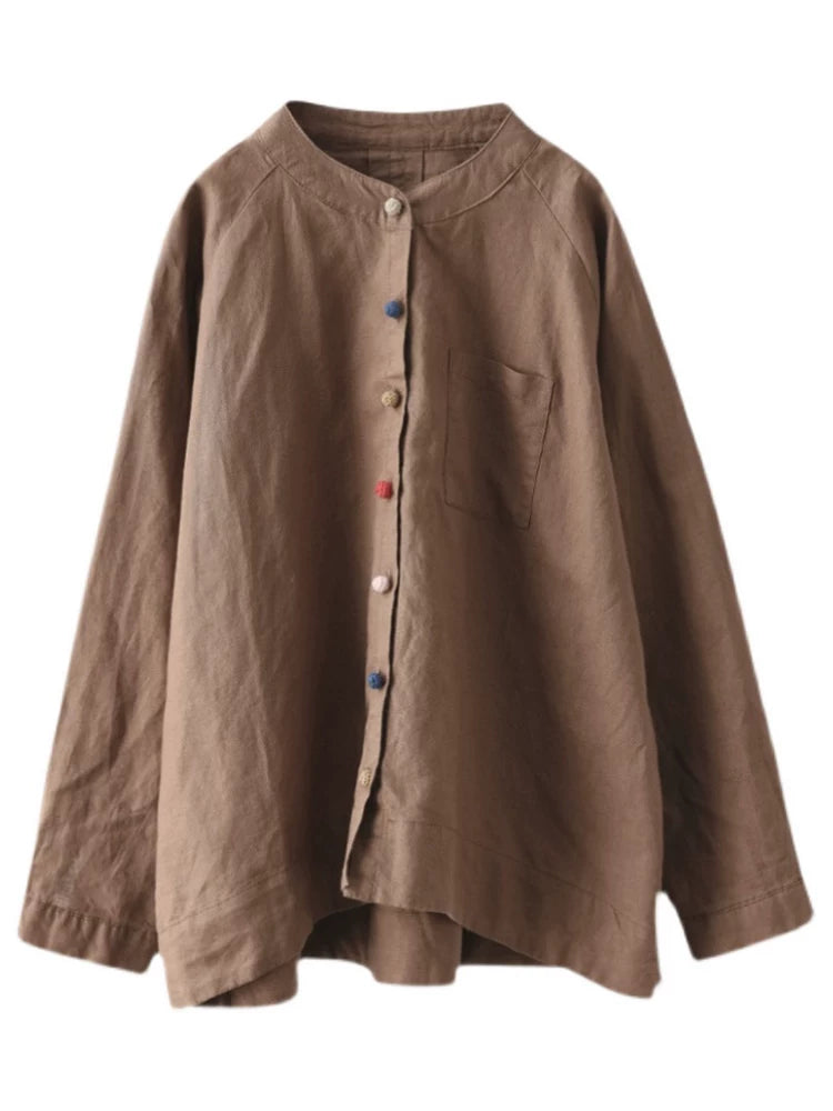 Cotton Linen Small Stand Collar Three Quarter Sleeve Shirt
