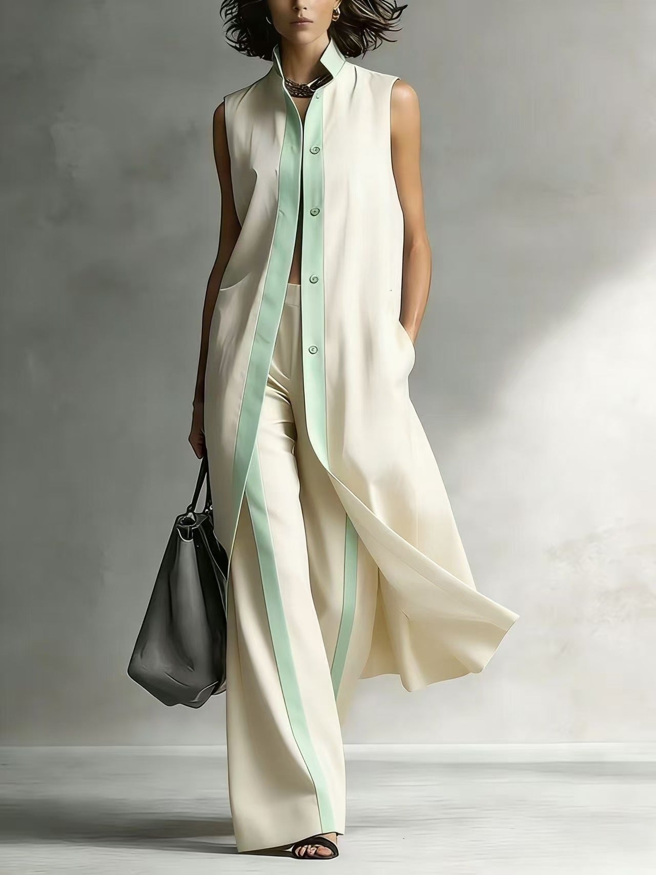 Relaxed Two-Piece Set with Stand Collar & Contrast Piping