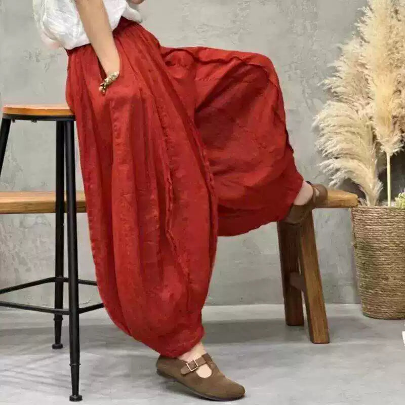 Balloon-Leg Pants in Linen-Look Textured Fabric