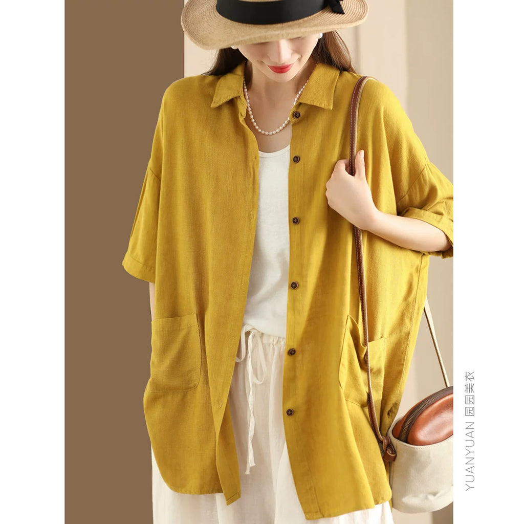 Linen-Look Shirt Collar Top with Patch Pockets