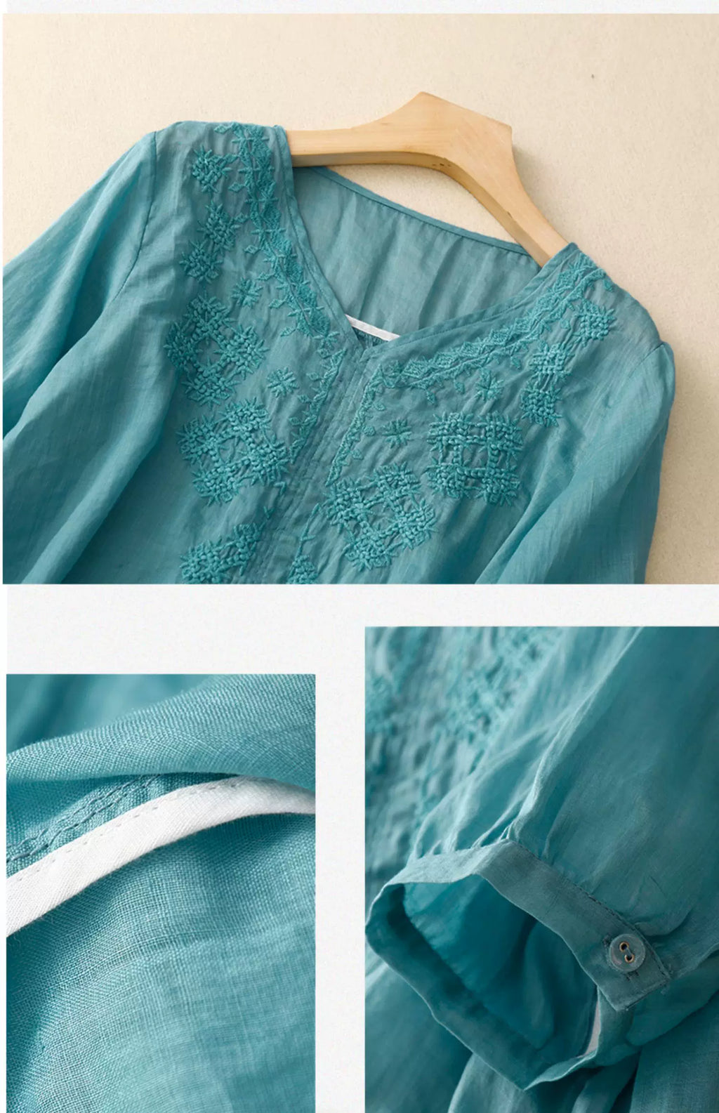 Embroidered Cotton Linen Three Quarter Sleeve Shirt