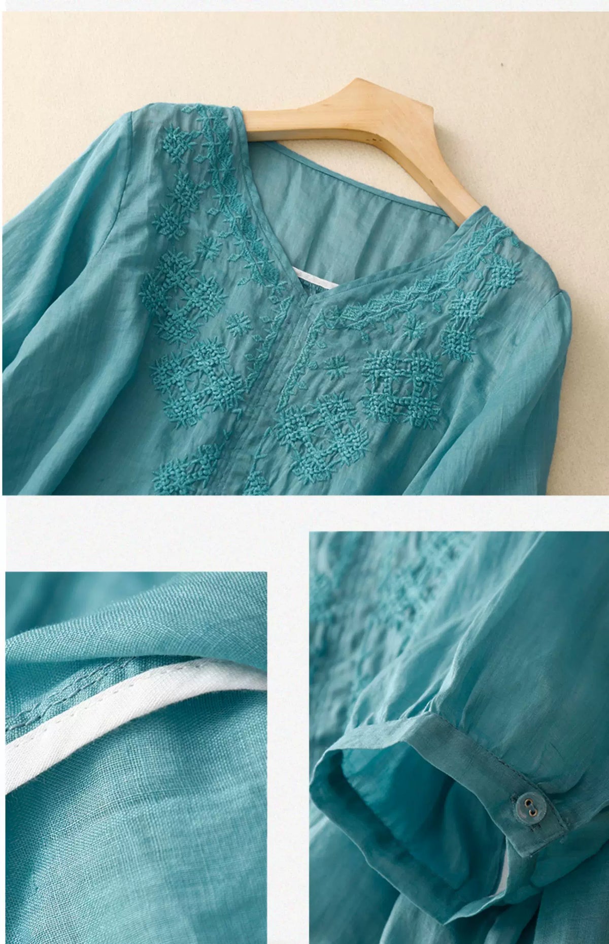 Embroidered Cotton Linen Three Quarter Sleeve Shirt