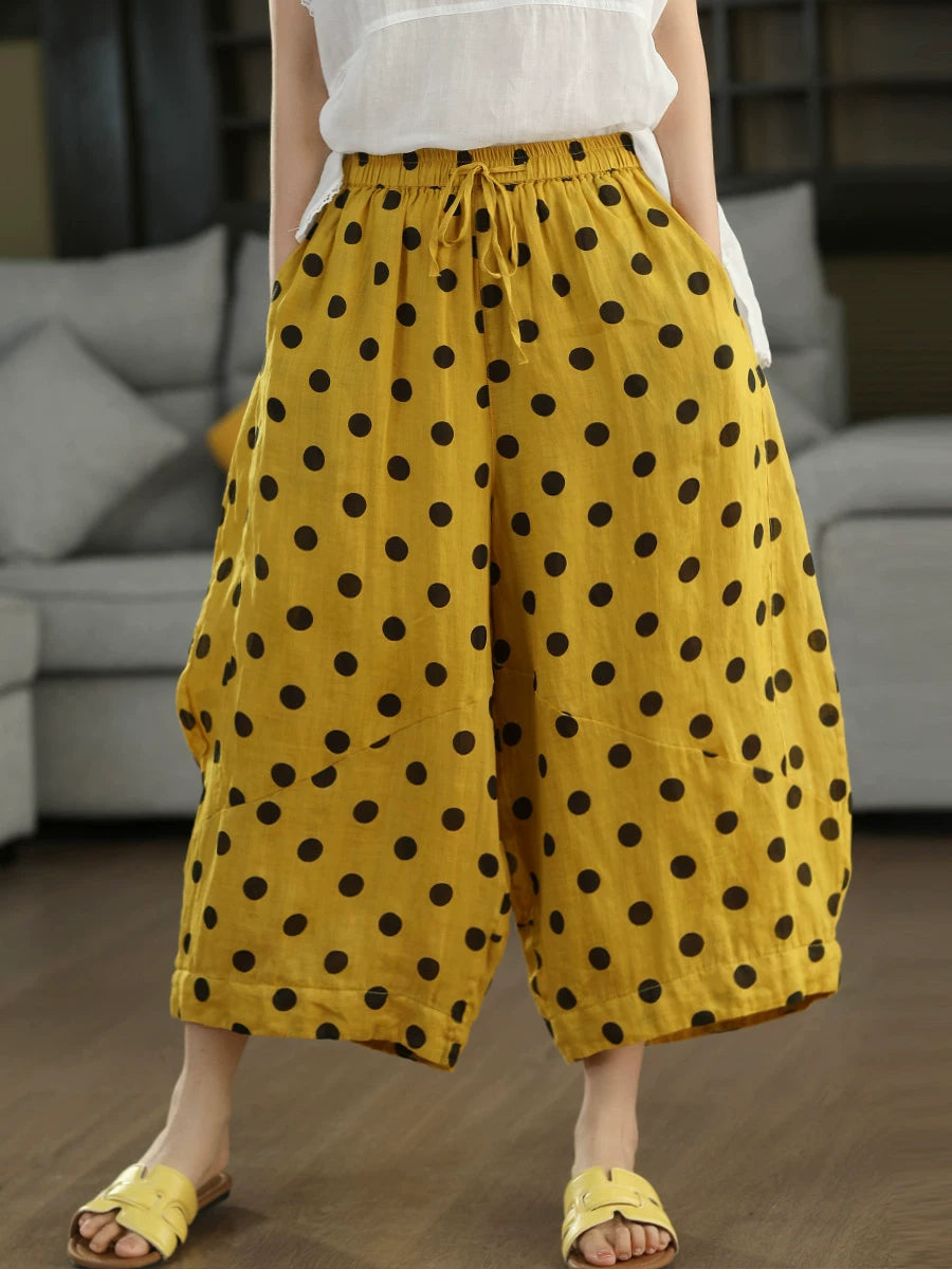 100% Ramie Balloon-Leg Cropped Pants with Polka Dots