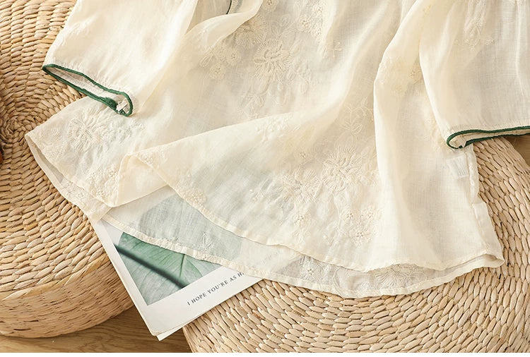 Embroidered Cotton Linen Three Quarter Sleeve Shirt
