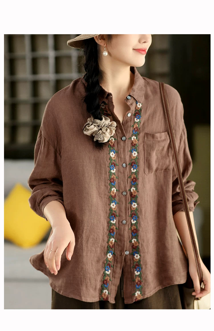 100% Linen Button-Front Top with Floral Embroidery
