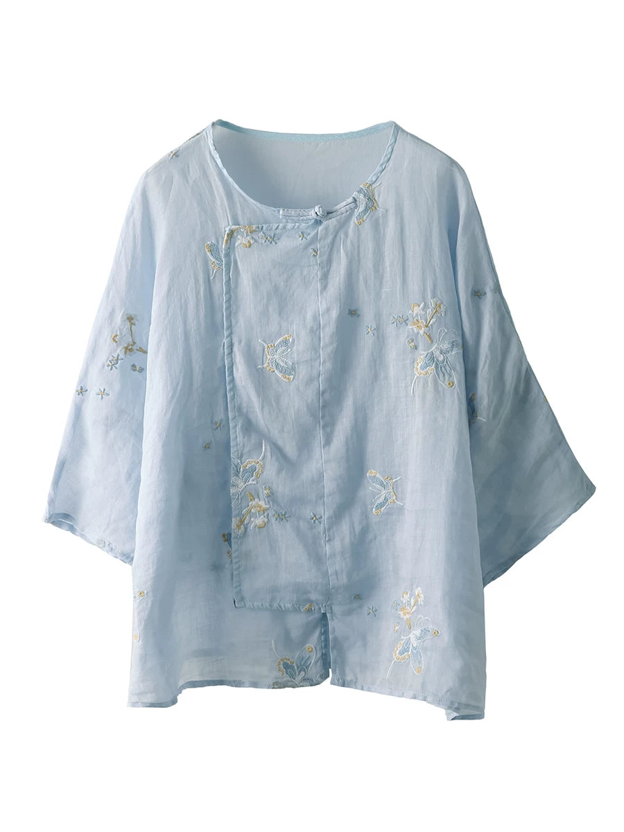 100% Ramie Top with Floral Embroidery & Knot Detail
