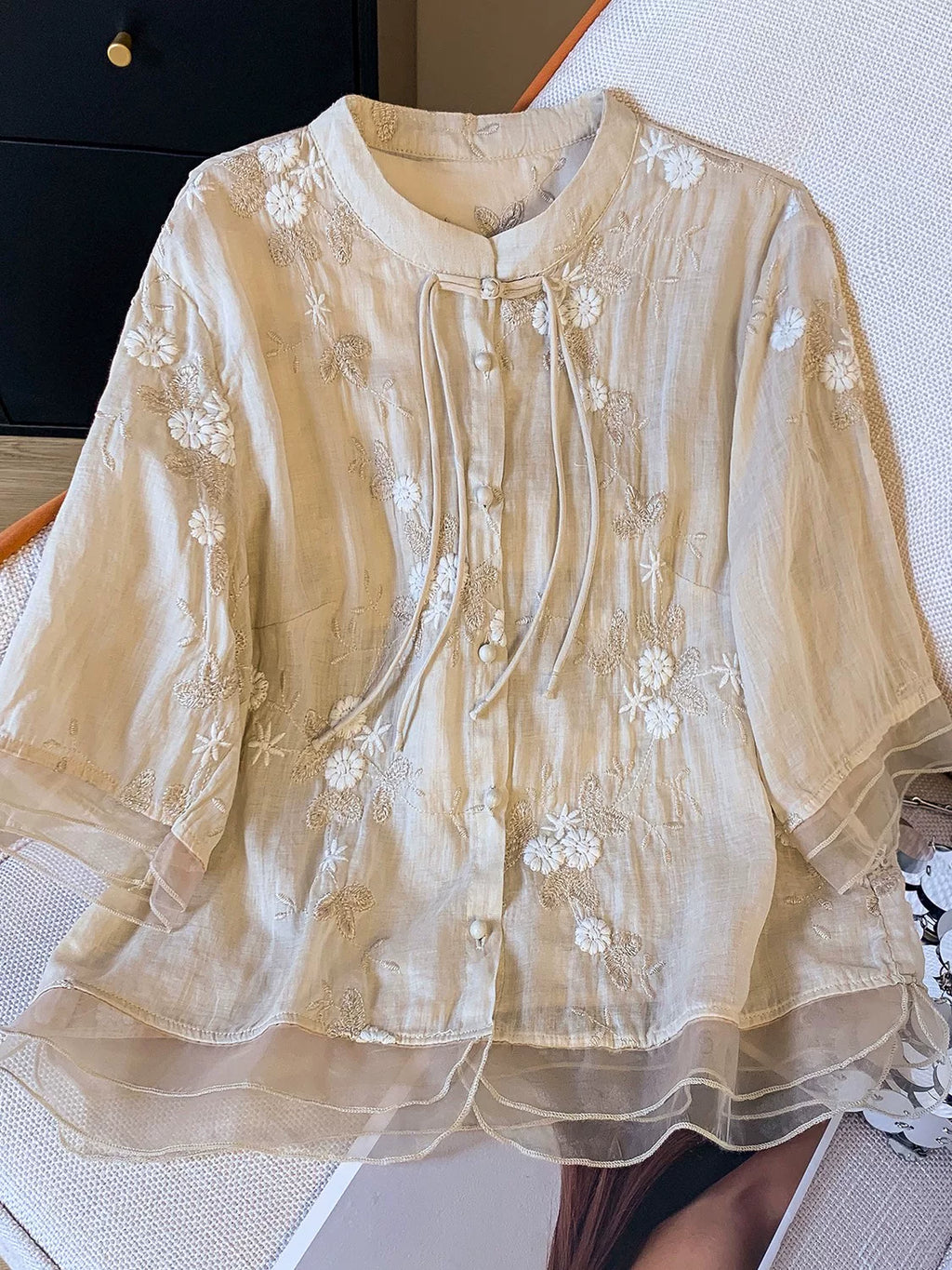 Embroidered Top with Organza Overlay & Button Front