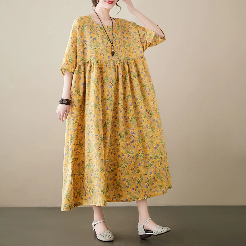 Boho Linen Cotton Midi Dress, Loose Fit, Short Sleeve
