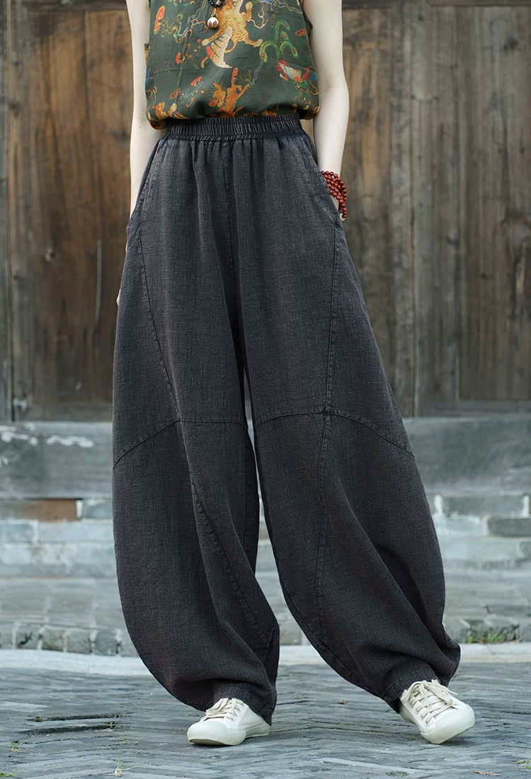 Balloon-Leg Cotton-Linen Pants with Elastic Waist