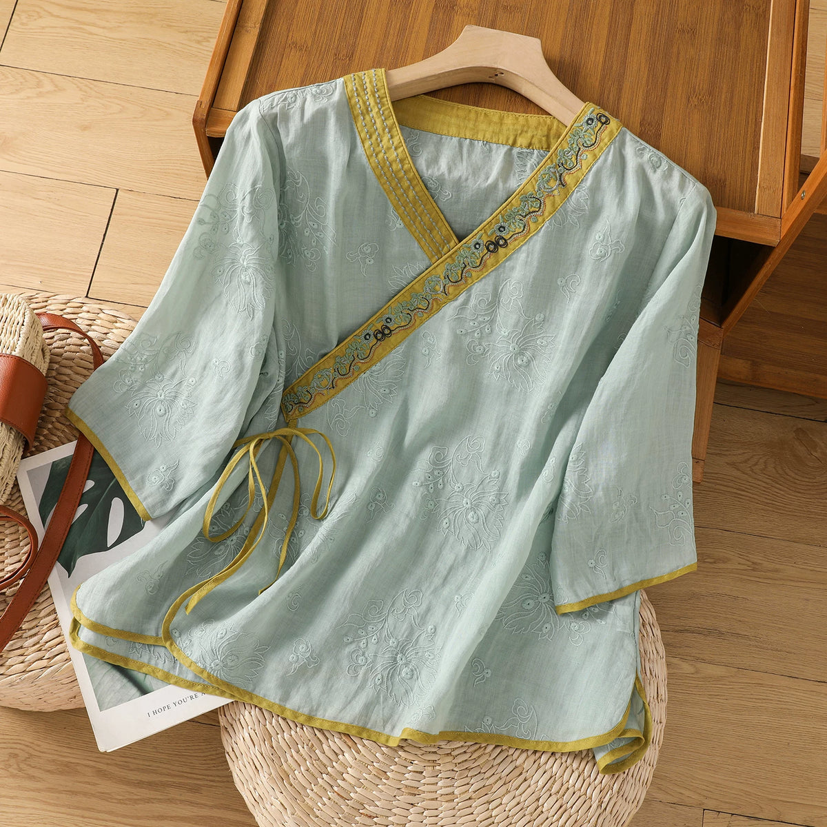 Embroidered Trim Three Quarter Sleeve Shirt