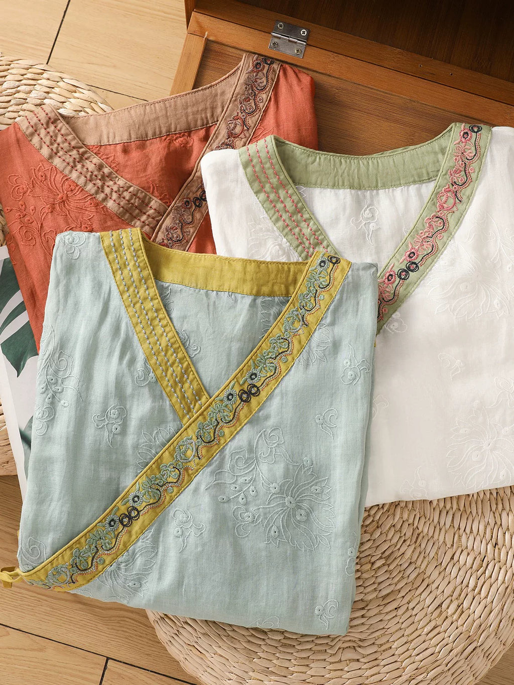 Embroidered Trim Three Quarter Sleeve Shirt