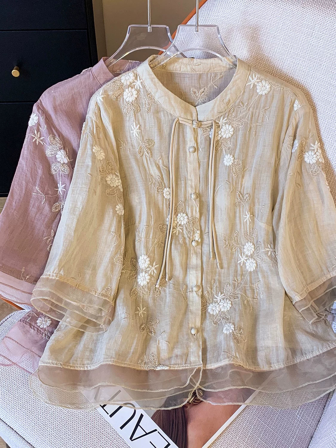 Embroidered Top with Organza Overlay & Button Front
