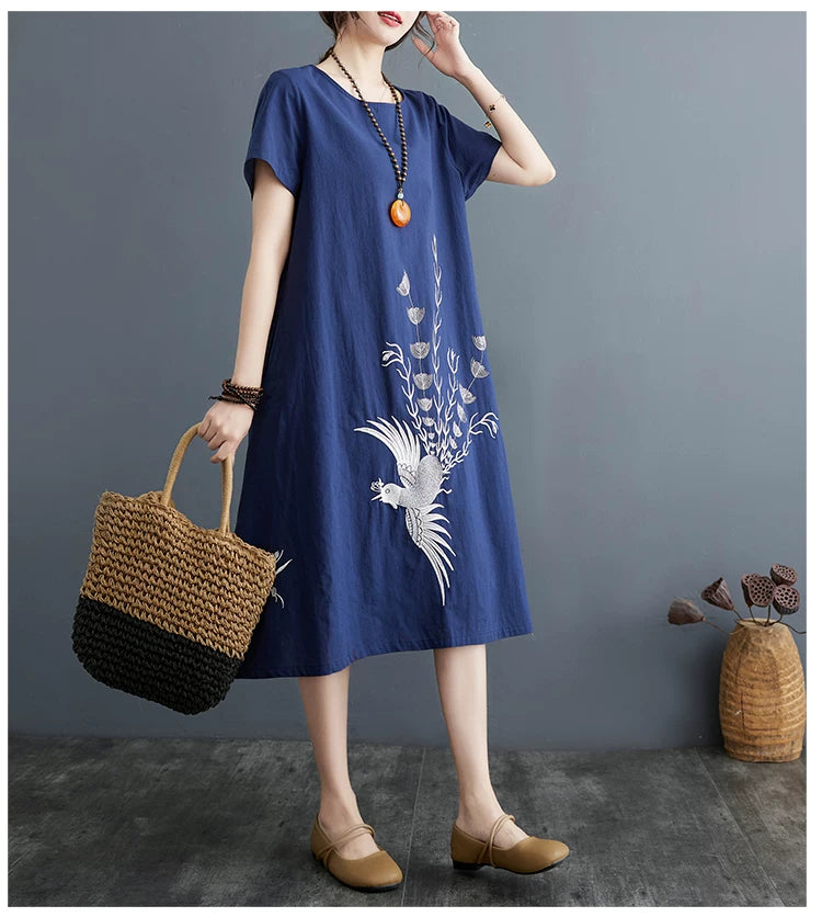 Embroidered Phoenix Short Sleeve Midi Dress