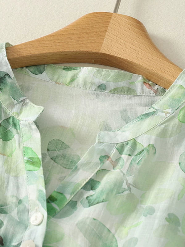 Floral Print Cotton Linen Three Quarter Sleeve Shirt