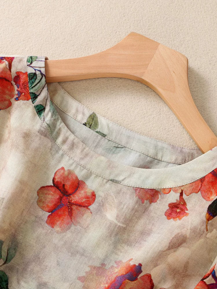 Floral Print Shirt with Three Quarter Sleeves, Cotton Linen