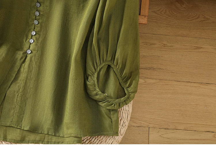 Cotton Linen V-Neck Long Sleeve Shirt with Lantern Sleeves
