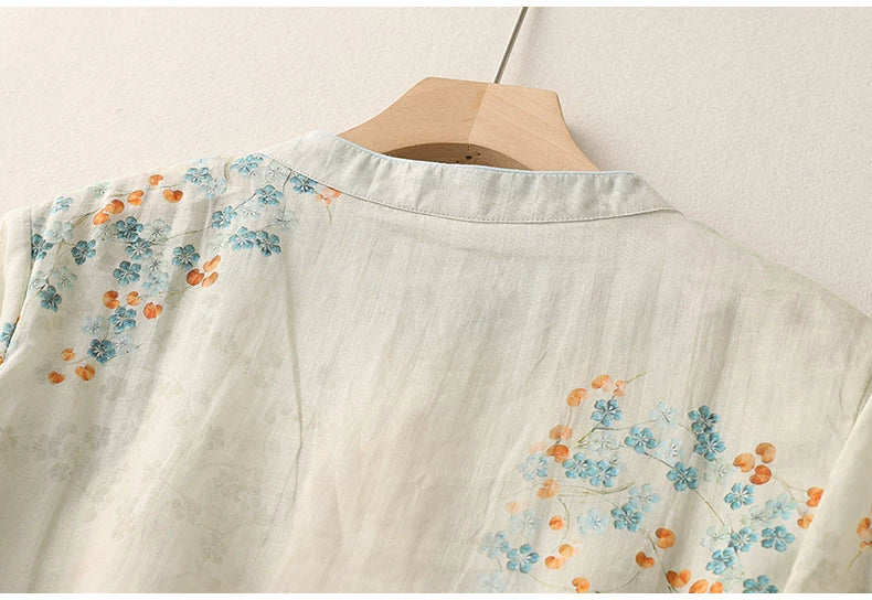 Floral Print Cotton Linen Three Quarter Sleeve Shirt