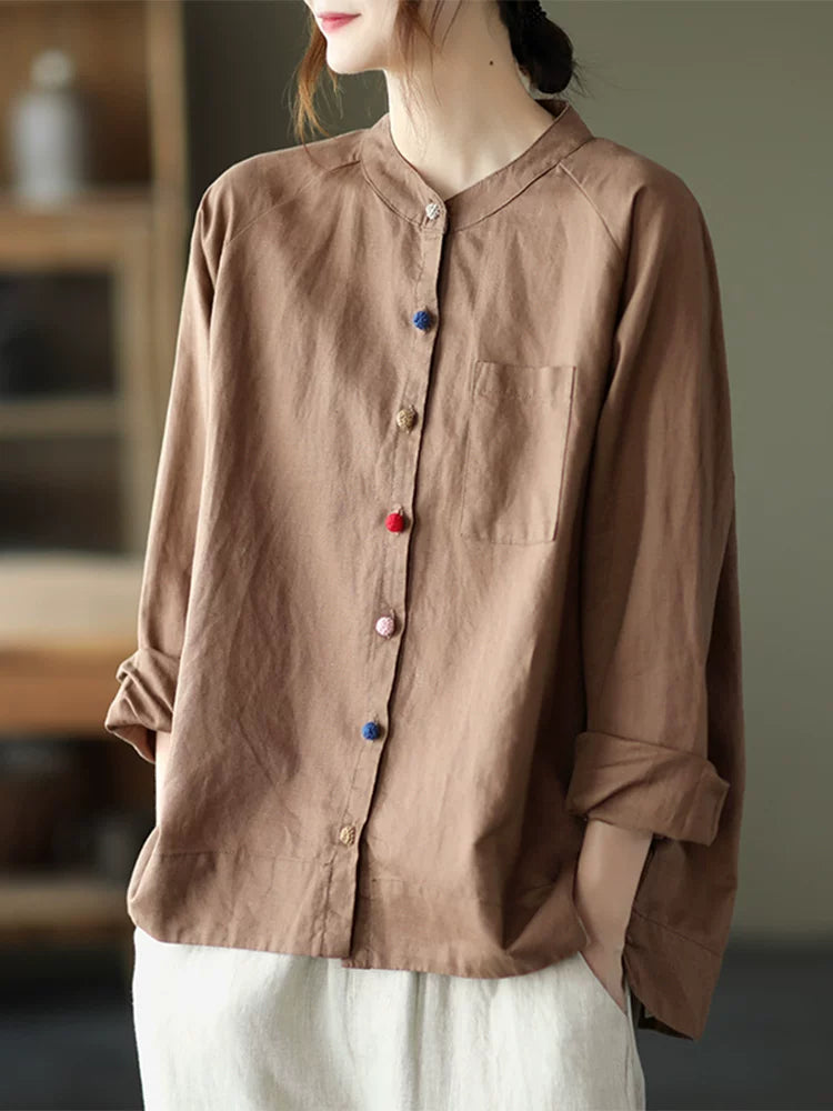 Cotton Linen Small Stand Collar Three Quarter Sleeve Shirt