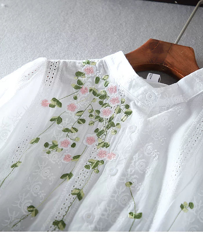 Cotton Blouse with Floral Embroidery & Eyelet Lace