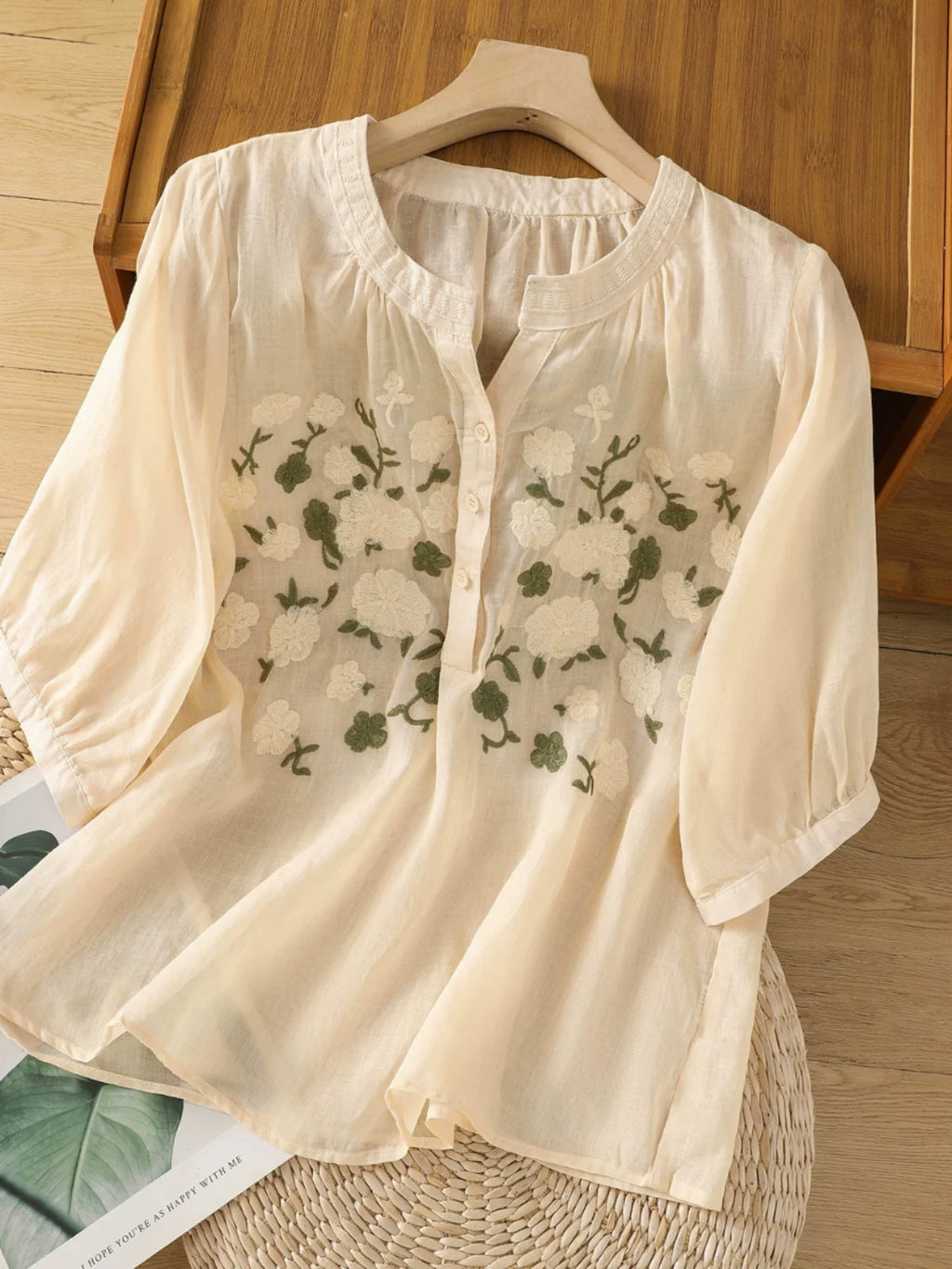 Embroidered Three Quarter Sleeve Cotton Linen Shirt