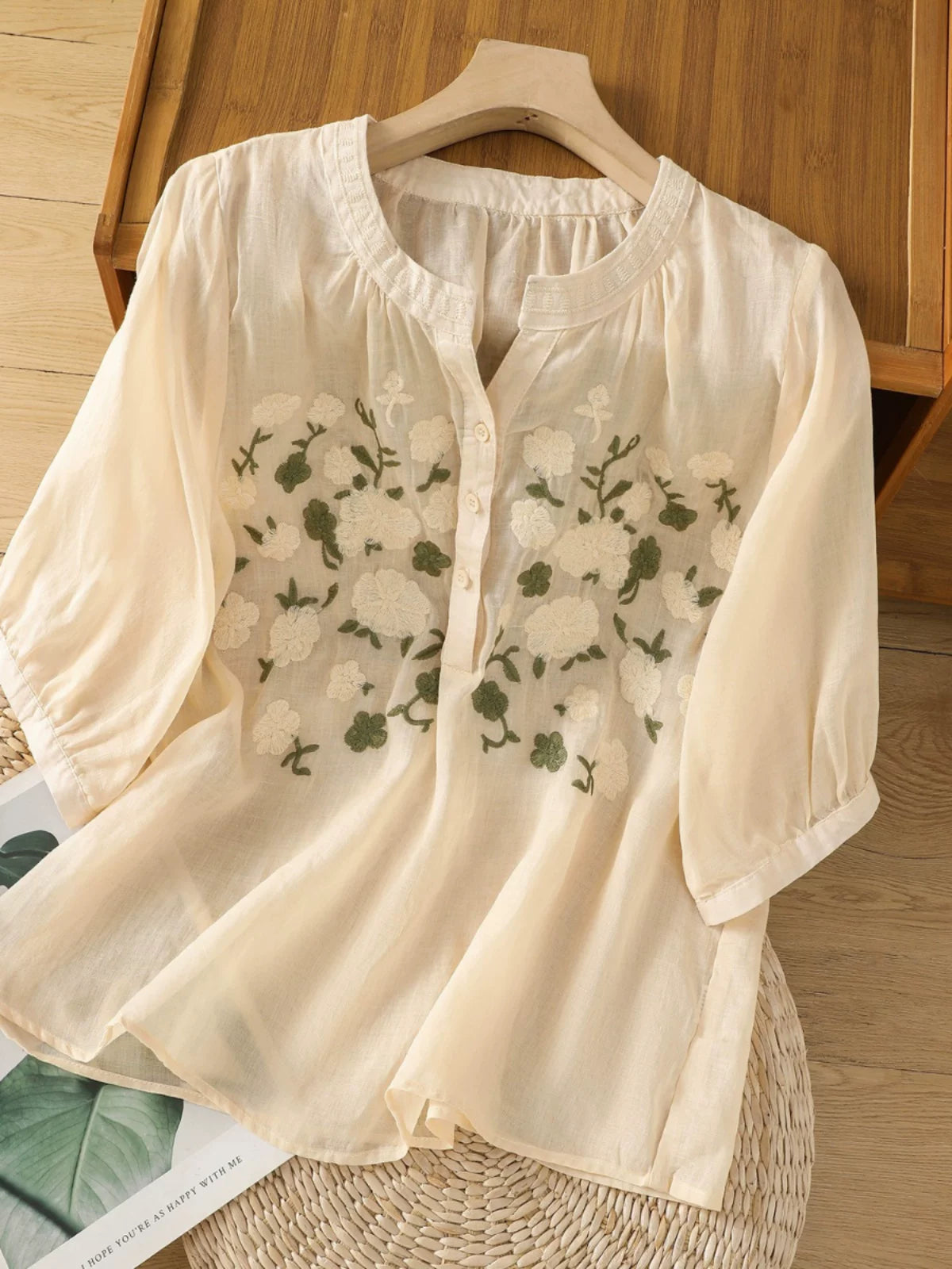 Embroidered Three Quarter Sleeve Cotton Linen Shirt