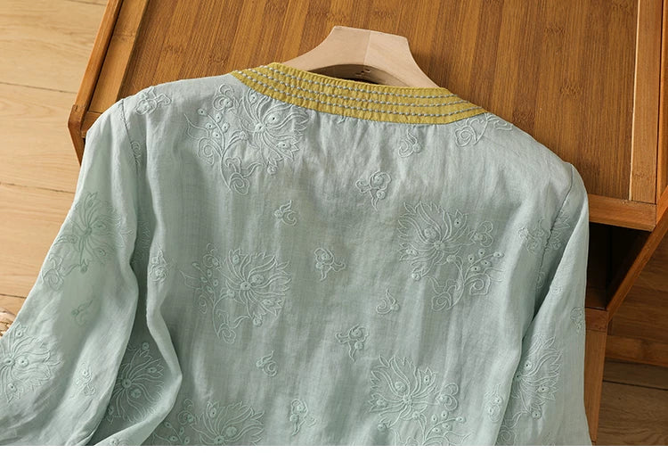 Embroidered Trim Three Quarter Sleeve Shirt