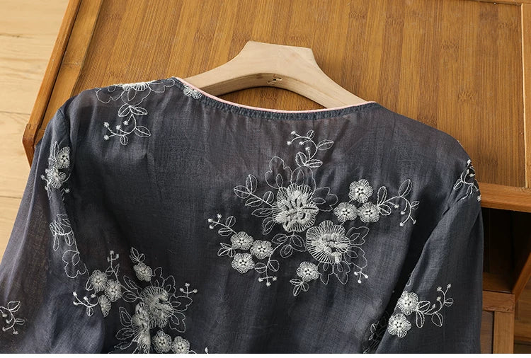 Embroidered Cotton Linen Three Quarter Sleeve Shirt