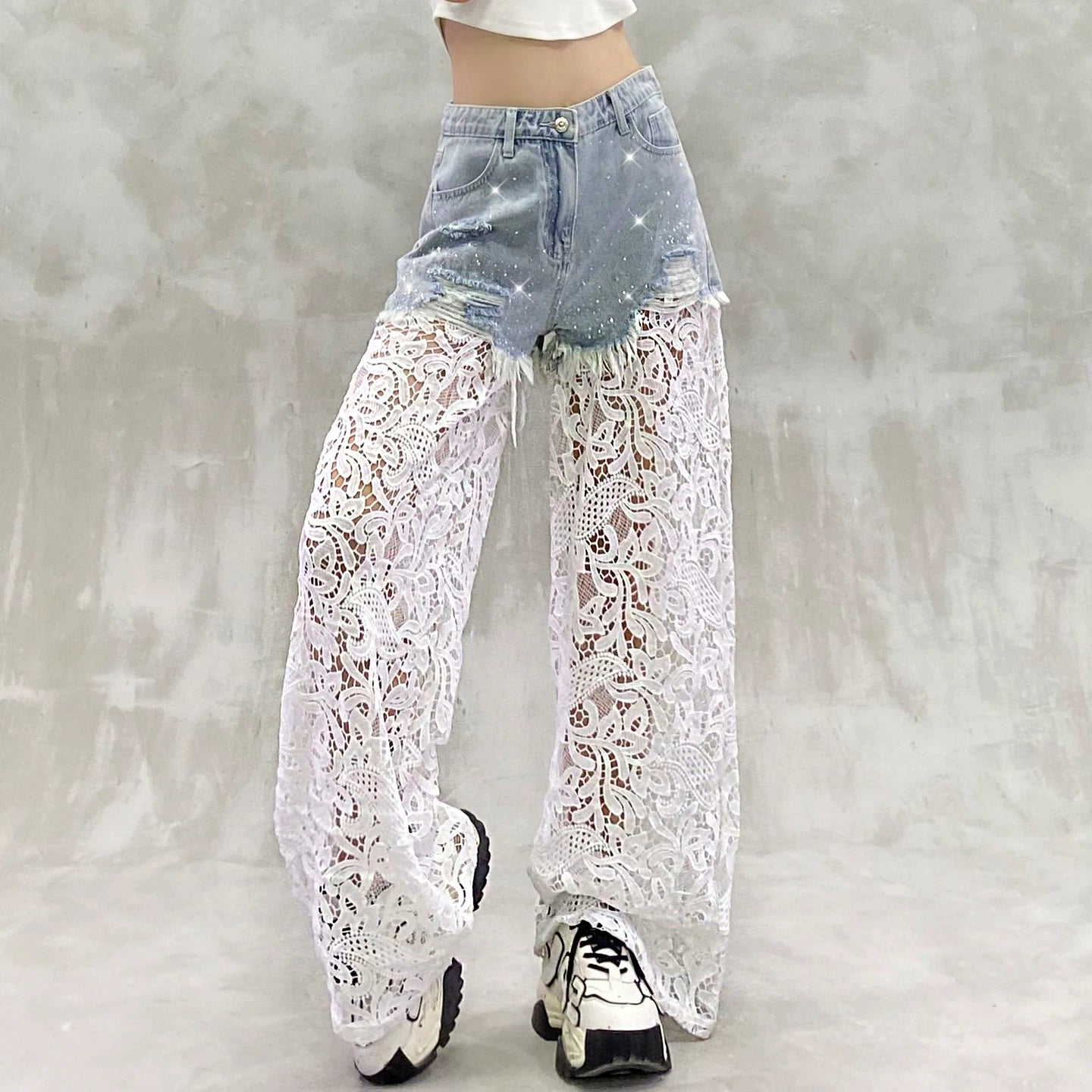 Lace-Embellished High-Waisted Wide-Leg Jeans